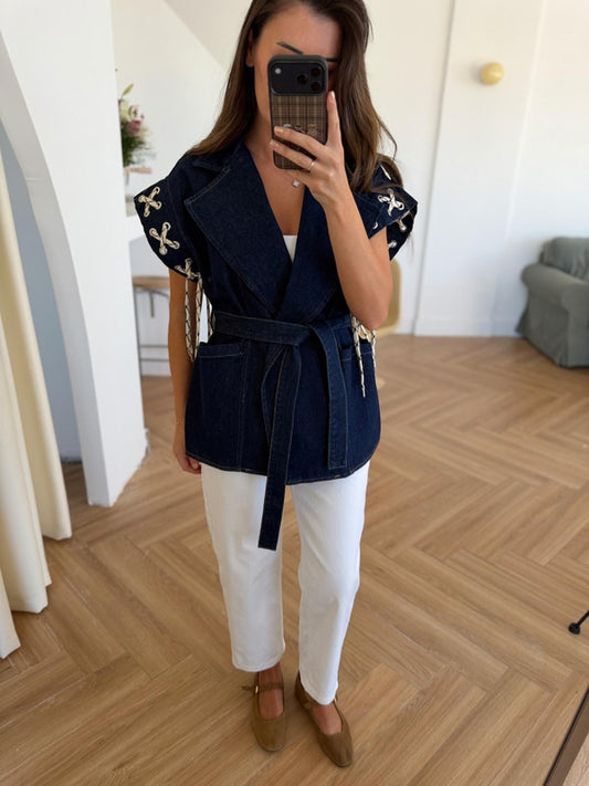 Dark Blue Denim Corded Vest Jacket With Belt & Pockets