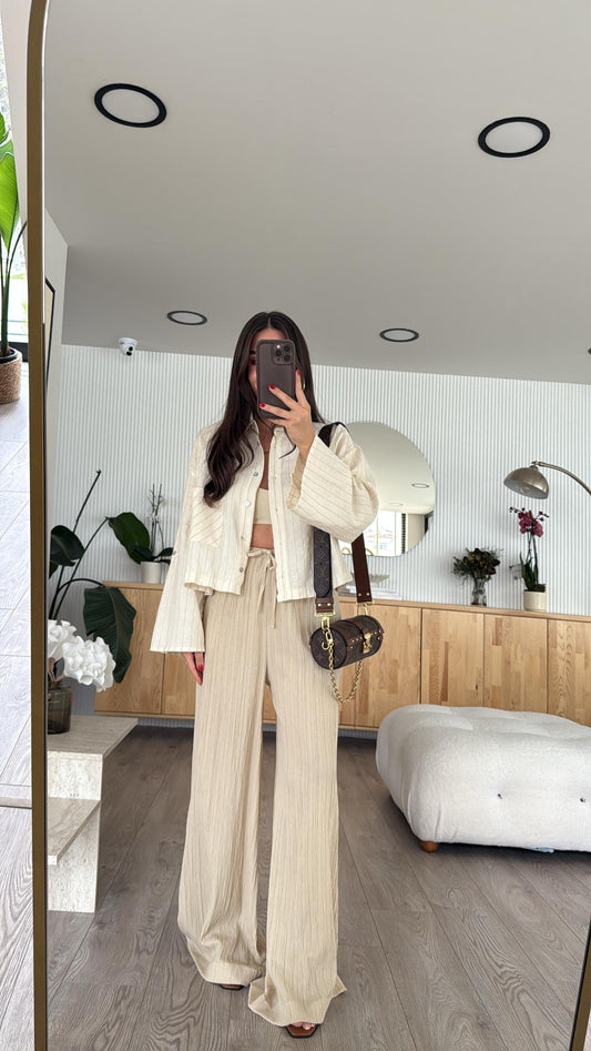 Crinkled Beige Wide Pants With Elastic Waist