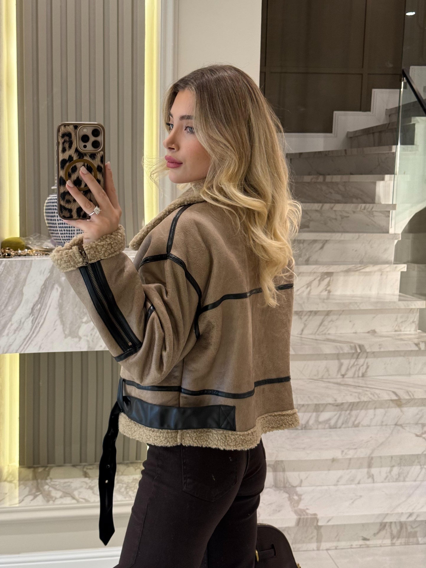 Cafe Faux Leather Jacket With Pockets & Belt