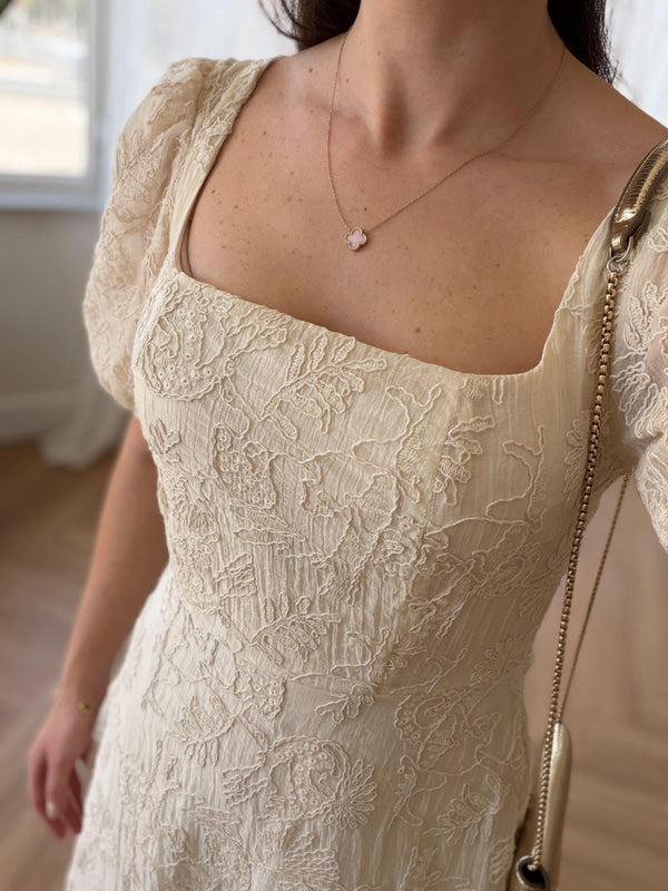 Cream Vintage Embroidered Dress With Square Neck