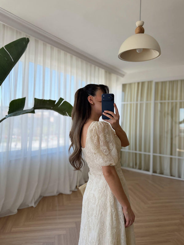 Cream Vintage Embroidered Dress With Square Neck