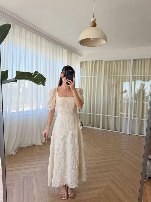 Cream Vintage Embroidered Dress With Square Neck