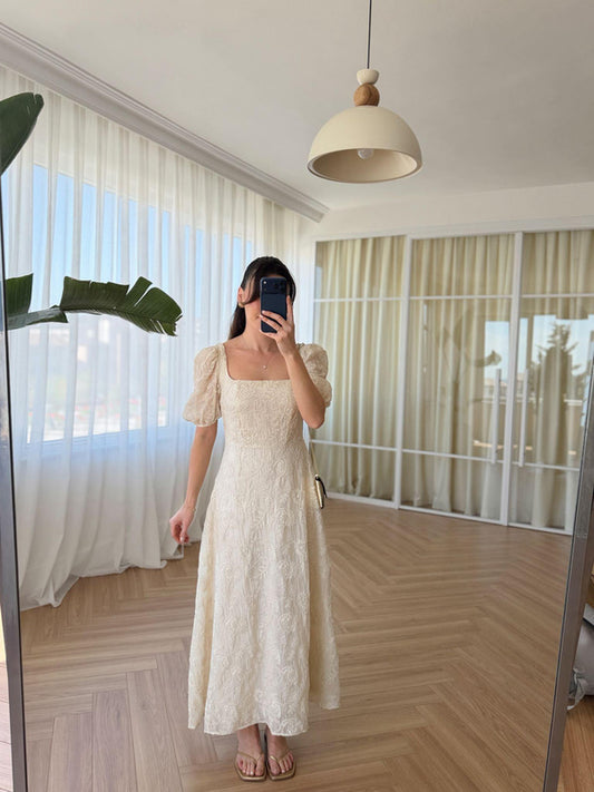 Cream Vintage Embroidered Dress With Square Neck