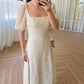 Cream Vintage Embroidered Dress With Square Neck