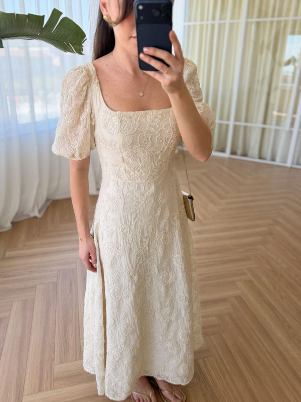 Cream Vintage Embroidered Dress With Square Neck