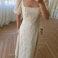 Cream Vintage Embroidered Dress With Square Neck