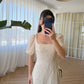 Cream Vintage Embroidered Dress With Square Neck