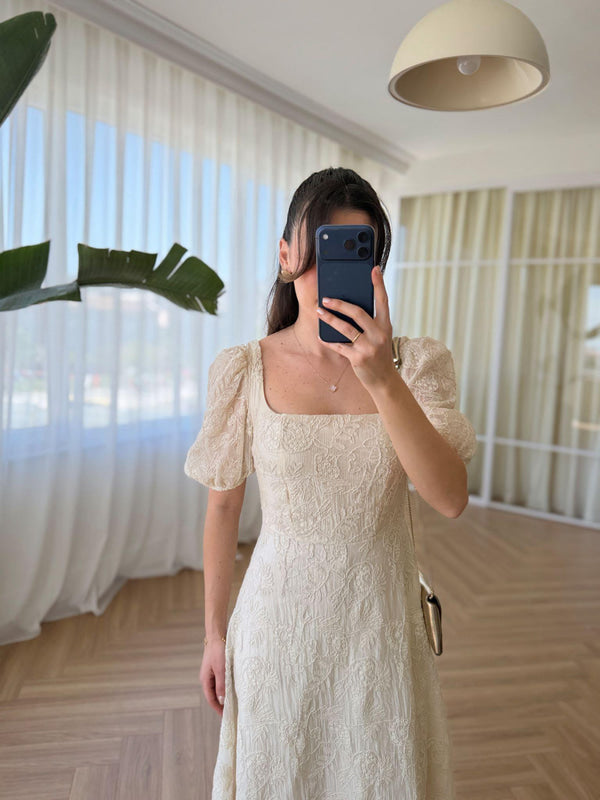 Cream Vintage Embroidered Dress With Square Neck