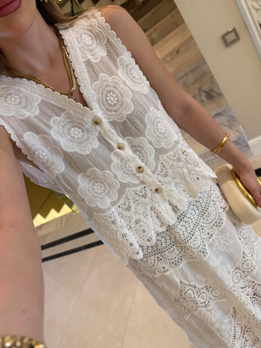 Lace Beige Embroidered Floral Vest