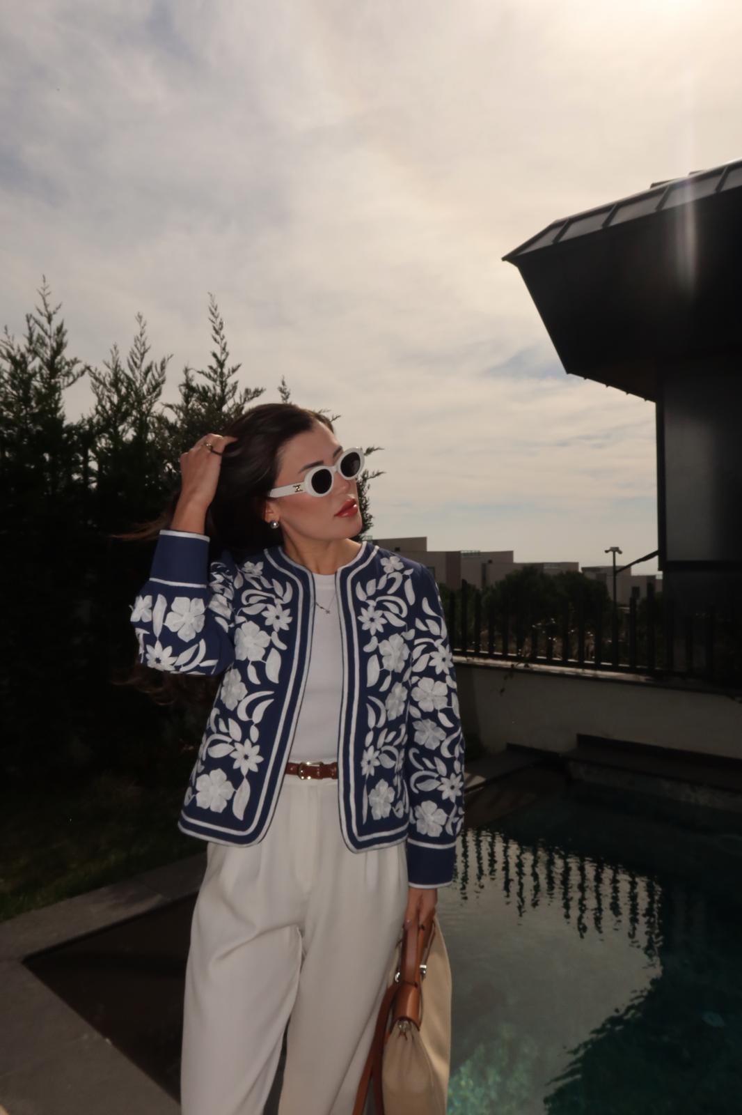 Cotton Embroidered Blue White Cardigan Jacket