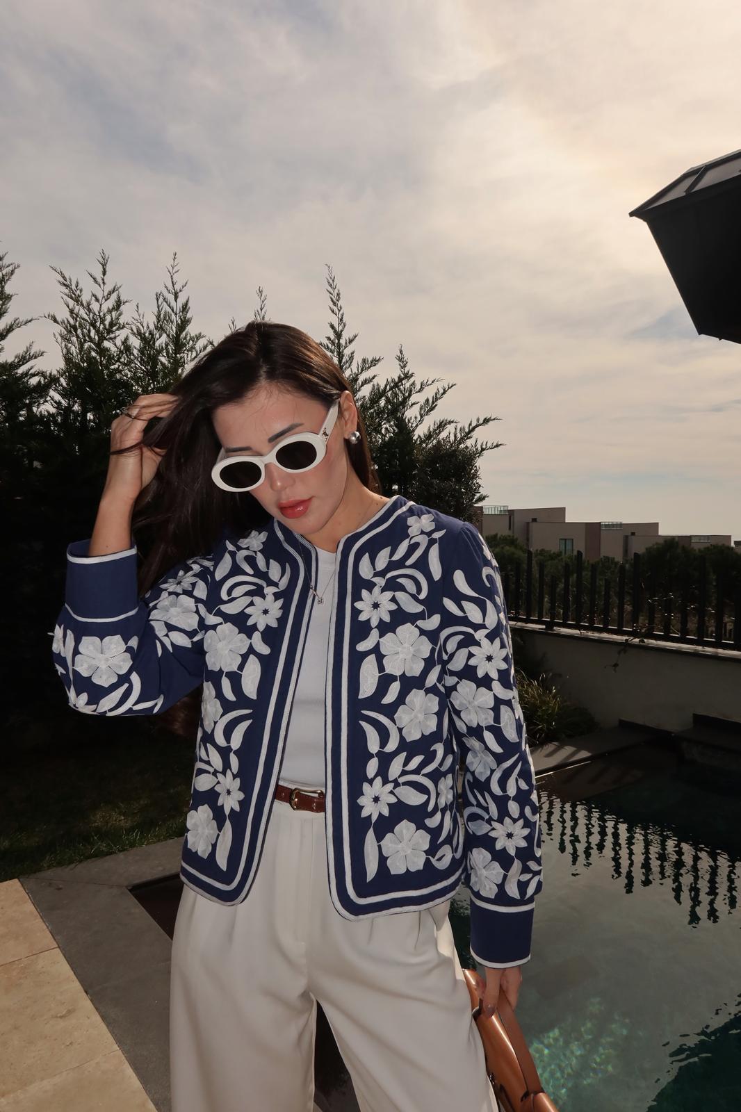Cotton Embroidered Blue White Cardigan Jacket