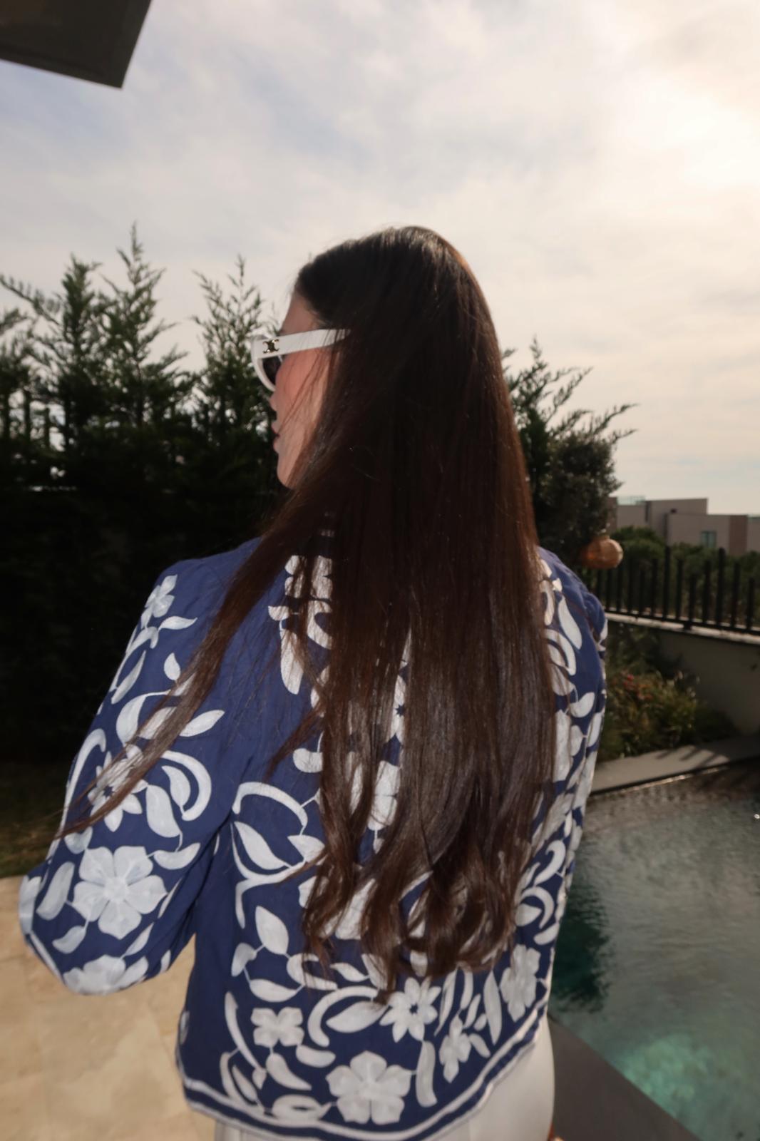 Cotton Embroidered Blue White Cardigan Jacket