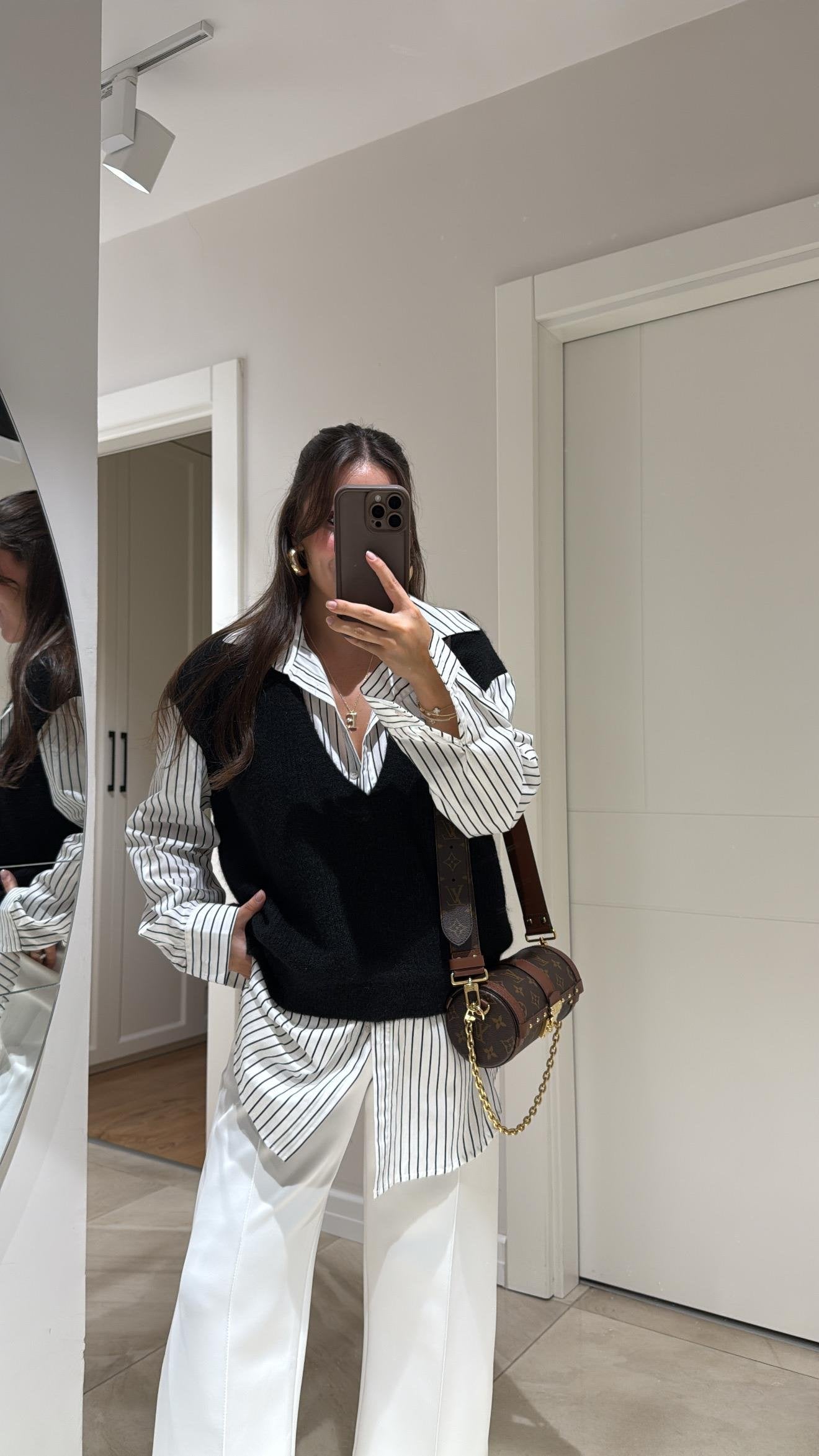 Black V Triko Vest With Striped Black Cotton Shirt (one piece)