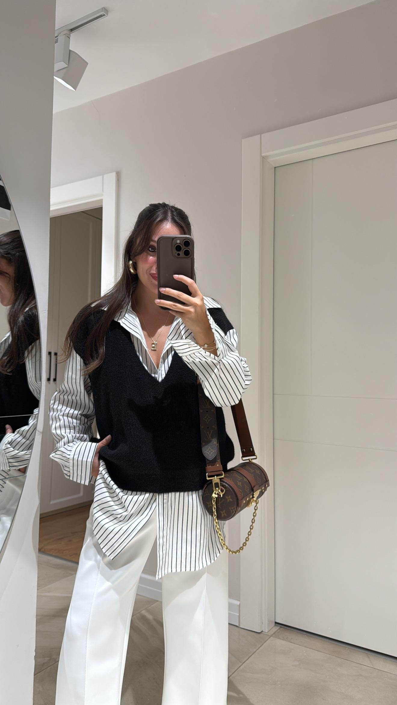 Black V Triko Vest With Striped Black Cotton Shirt (one piece)