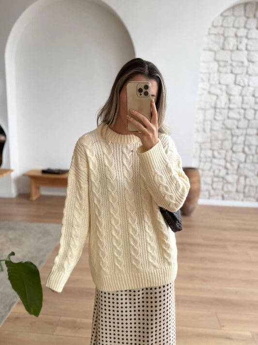 Cream Braided Bell Sleeves Pullover