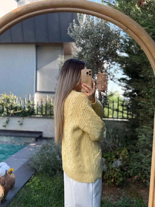 Yellow Braided Bell Sleeves Pullover
