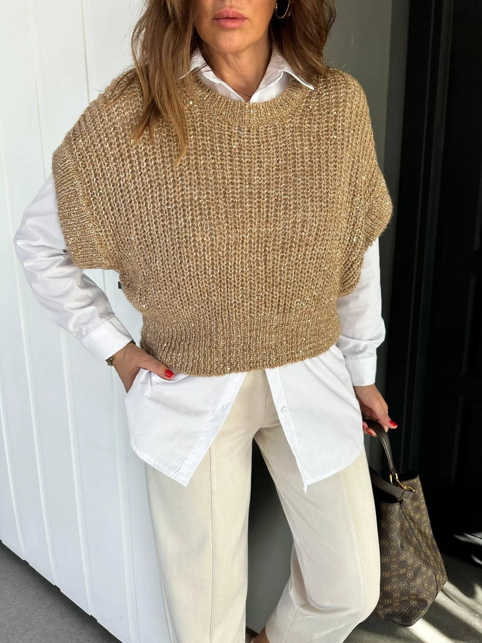 Camel Triko Vest With Golden Threads