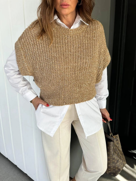Camel Triko Vest With Golden Threads