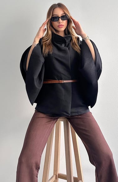 Black Suede Belted Poncho