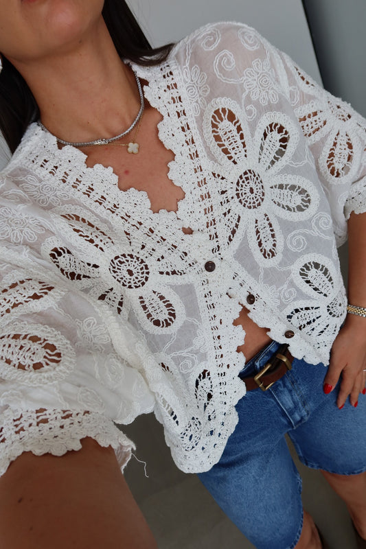 Italian White Crochet Top With Buttons