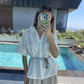 Off White Linen Half Sleeves Belted Blouse