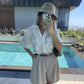 Off White Linen Half Sleeves Belted Blouse