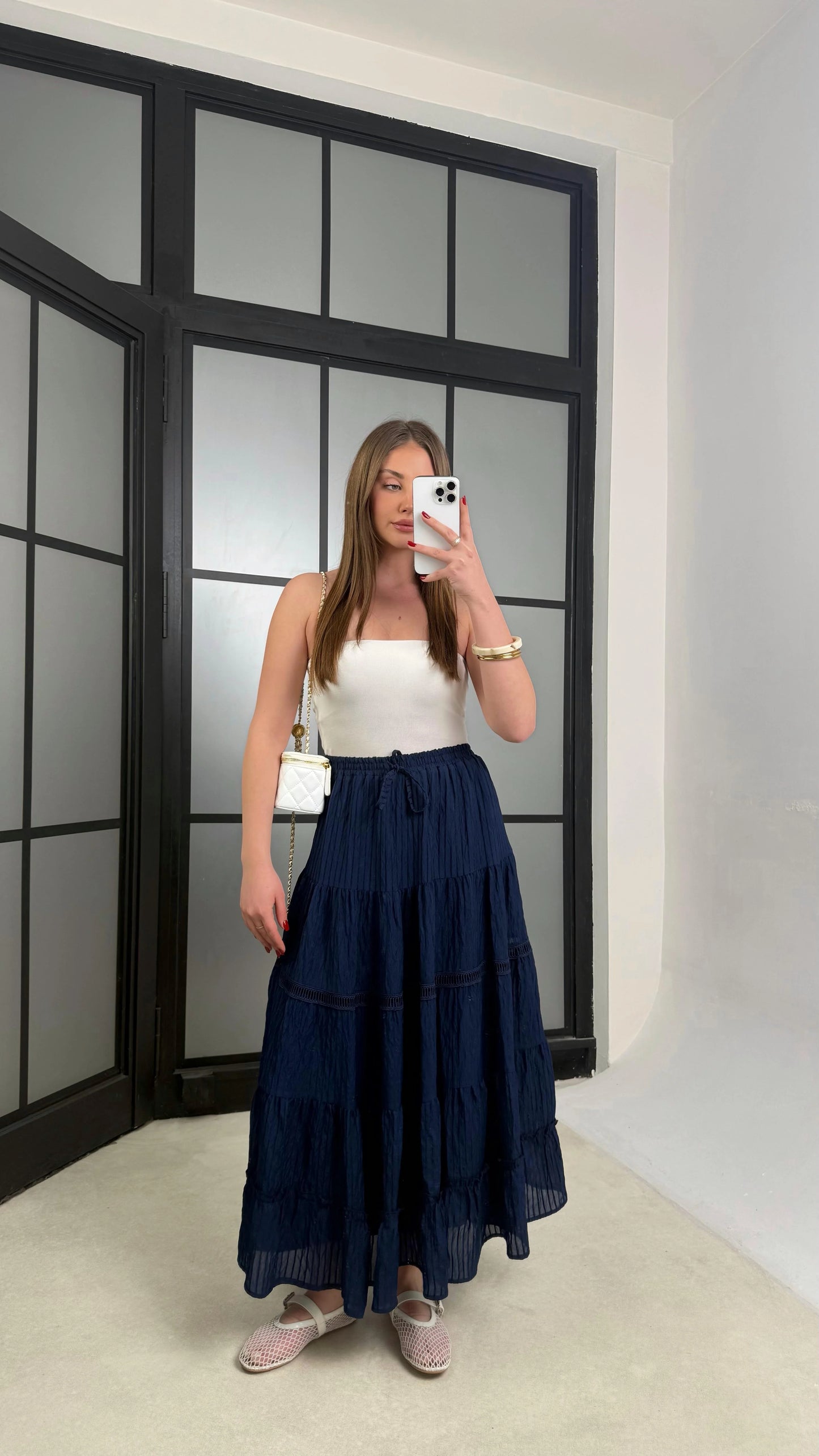 Navy Stripy Flowy Skirt