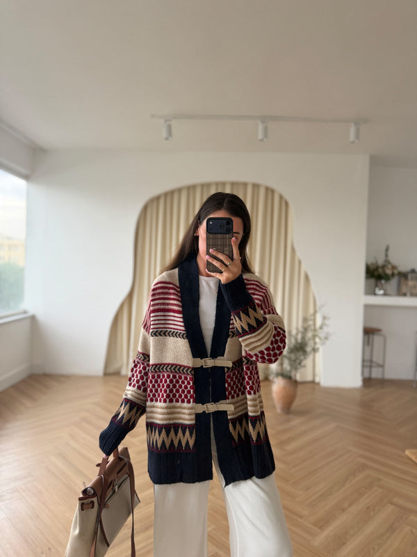 Navy X Red Vintage Cardigan With Leather Belt