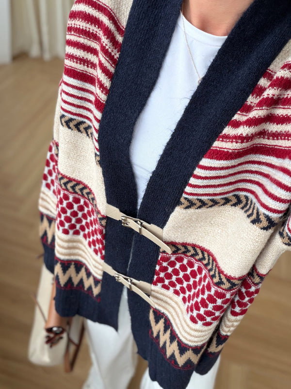Navy X Red Vintage Cardigan With Leather Belt