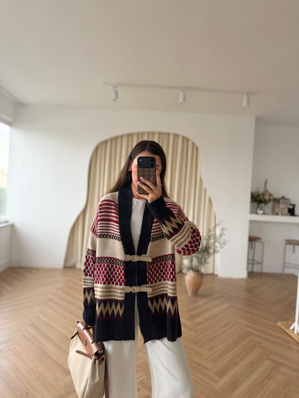 Navy X Red Vintage Cardigan With Leather Belt