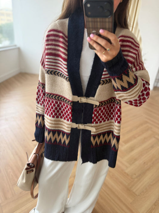 Navy X Red Vintage Cardigan With Leather Belt