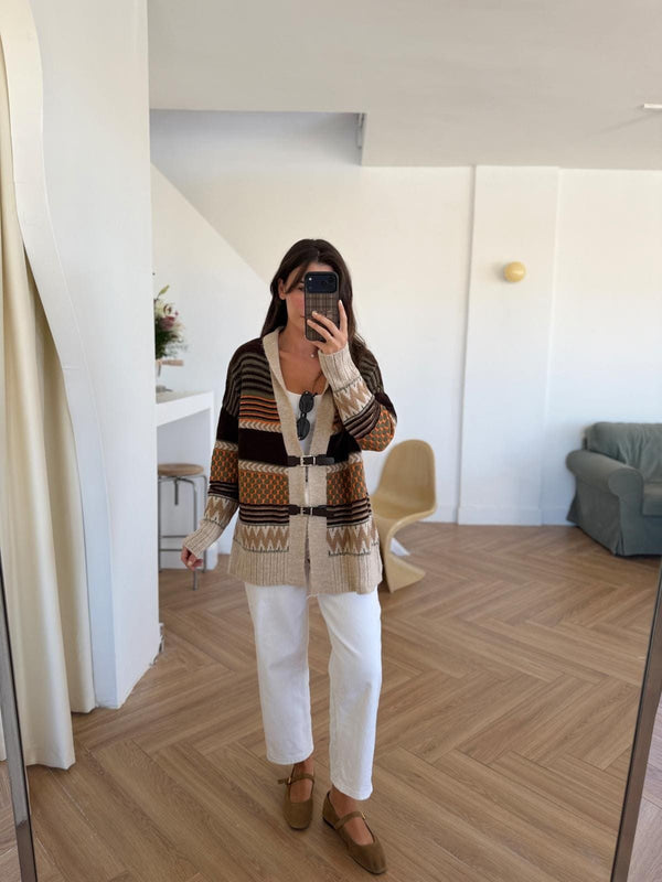 Brown X Orange Vintage Cardigan With Leather Belt