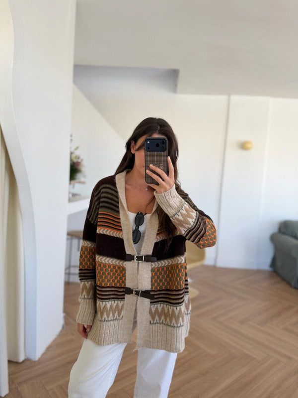 Brown X Orange Vintage Cardigan With Leather Belt