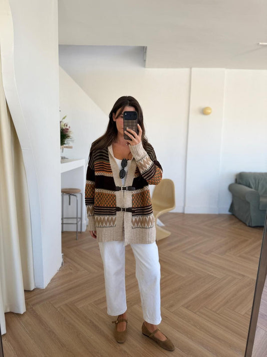 Brown X Orange Vintage Cardigan With Leather Belt