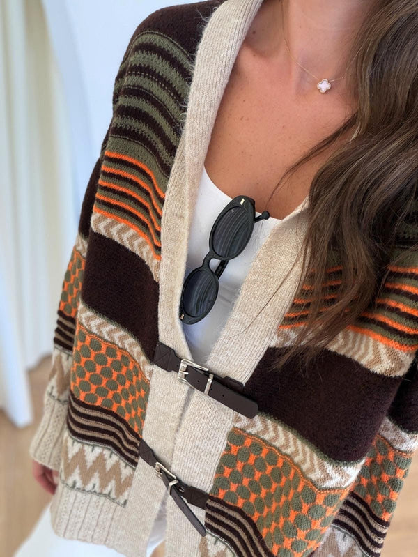 Brown X Orange Vintage Cardigan With Leather Belt