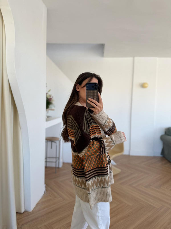 Brown X Orange Vintage Cardigan With Leather Belt