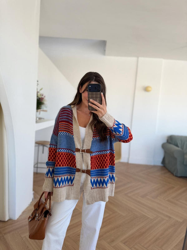 Blue X Orange Vintage Cardigan With Leather Belt