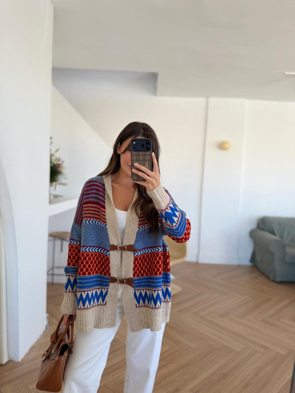 Blue X Orange Vintage Cardigan With Leather Belt