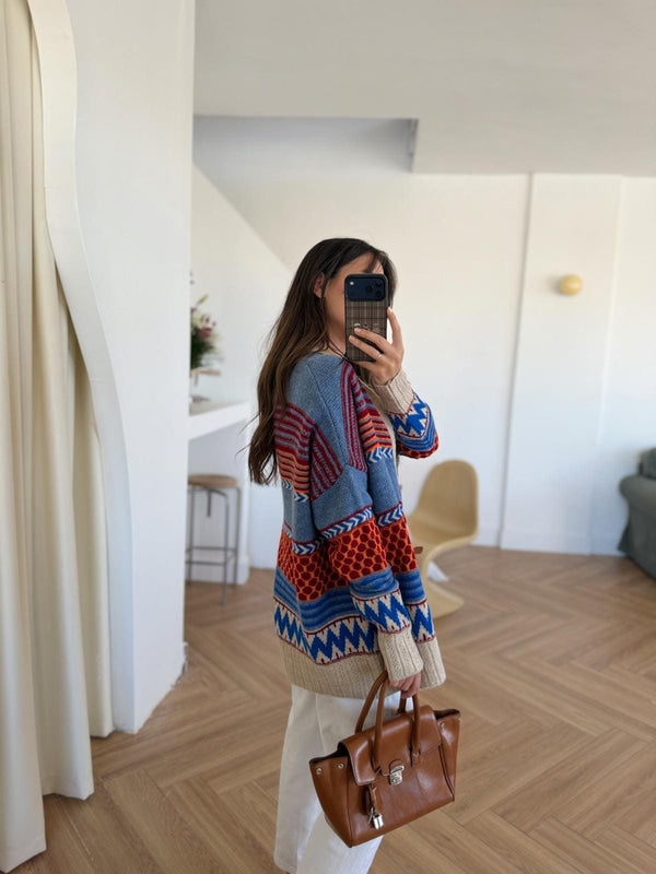 Blue X Orange Vintage Cardigan With Leather Belt