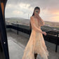 Beige Vintage Ruffles Chiffon Dress
