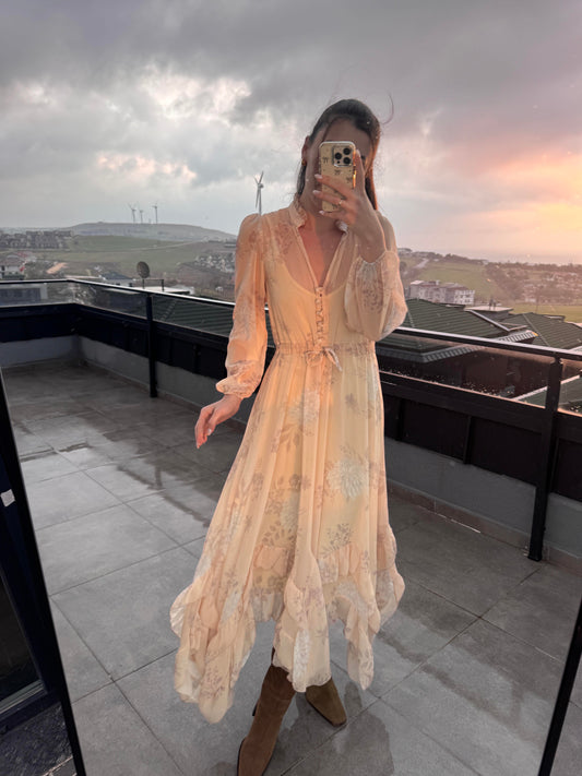 Beige Vintage Ruffles Chiffon Dress