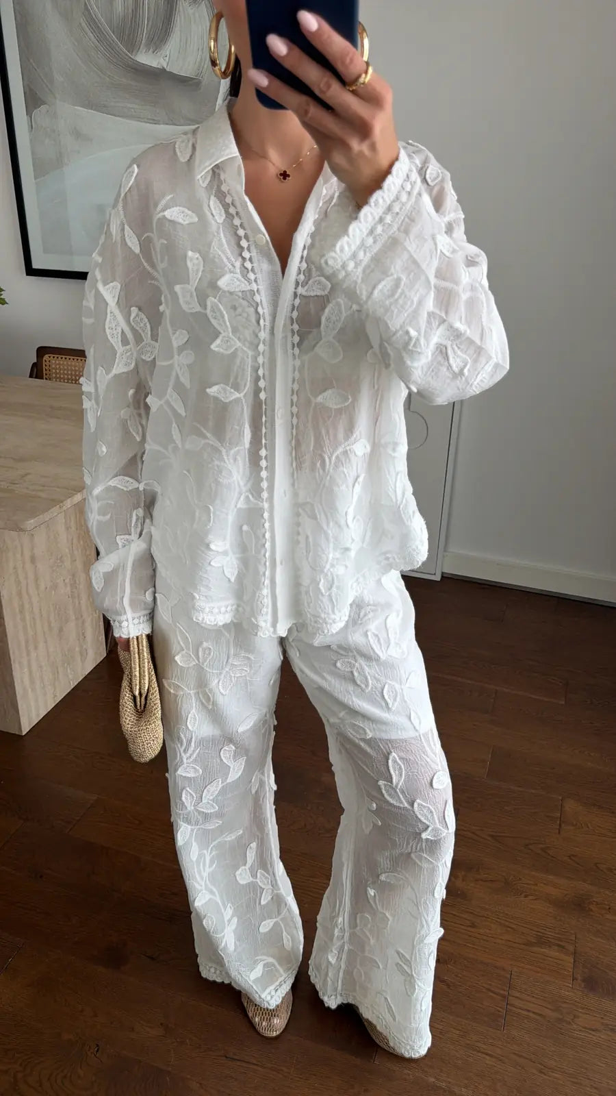 White Floral Petals Straight Leg Pants