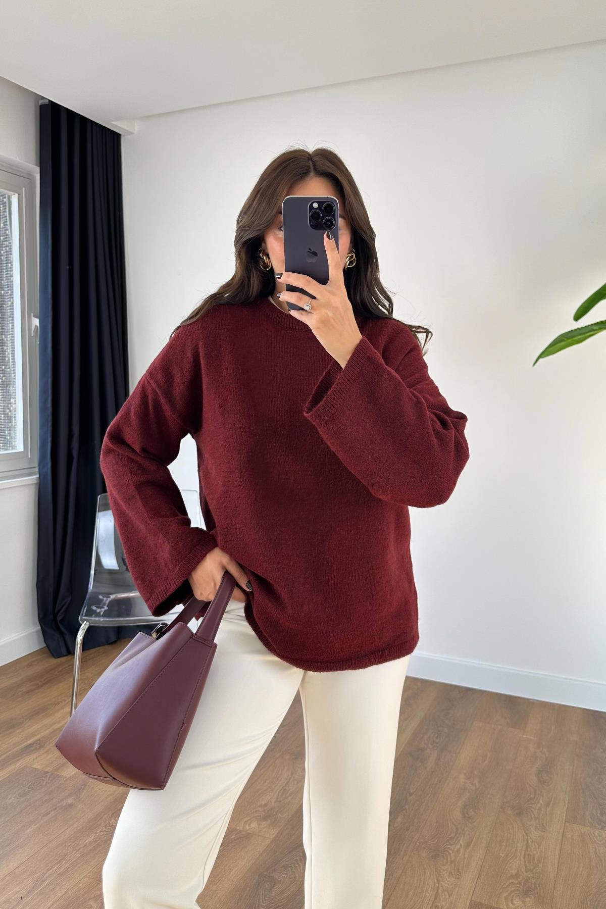Maroon Round Neck Pullover With Bell Sleeves