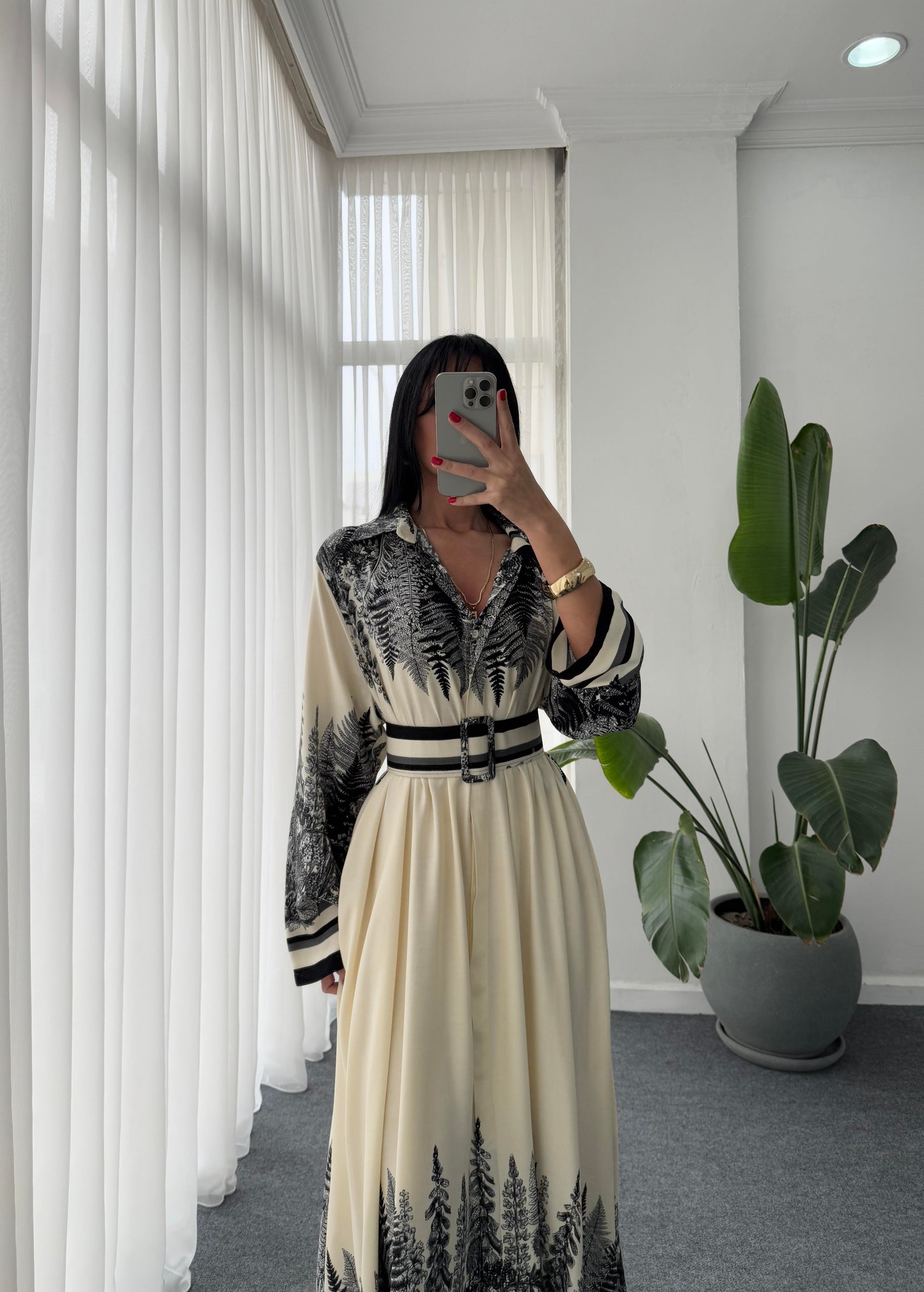 Black Leaves Shirt Dress With Belt