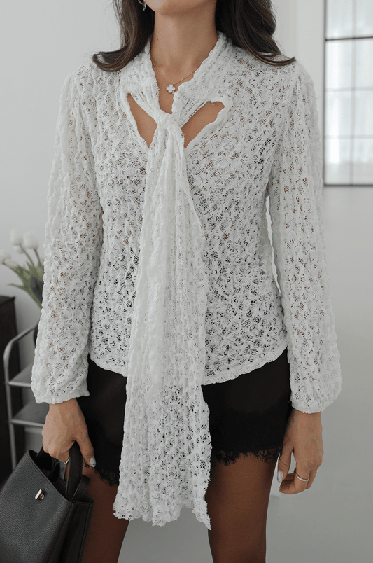 Off White Lace Blouse With Front Ties
