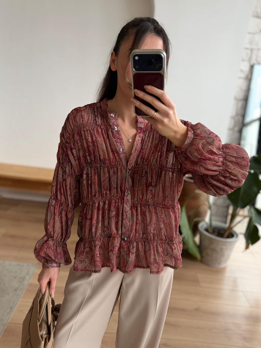 Burgundy Smocked Chiffon Vintage Blouse