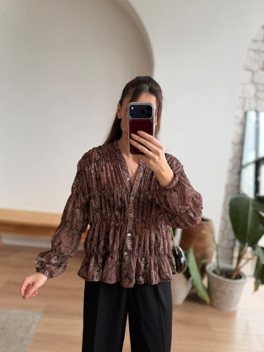 Brown Smocked Chiffon Vintage Blouse