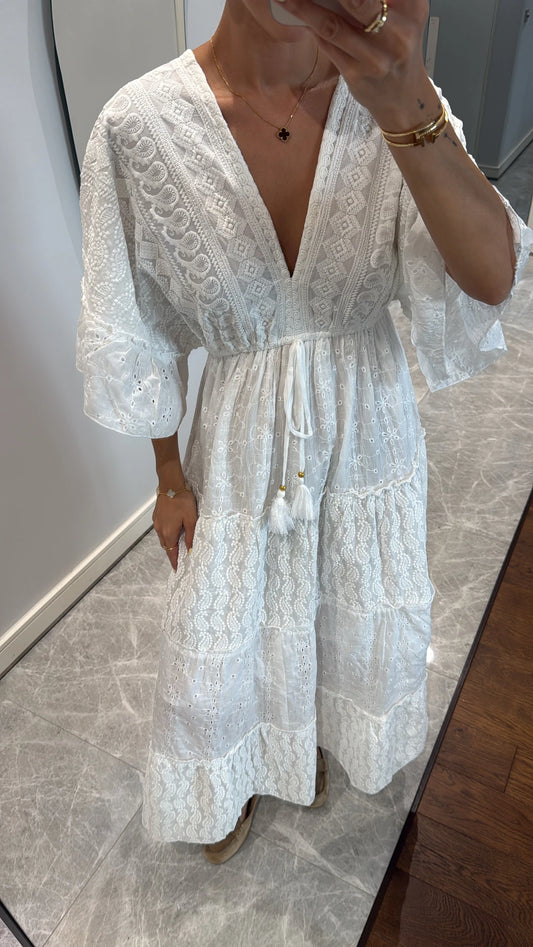 White Embroidered Cut Out Dress With Butterfly Sleeves