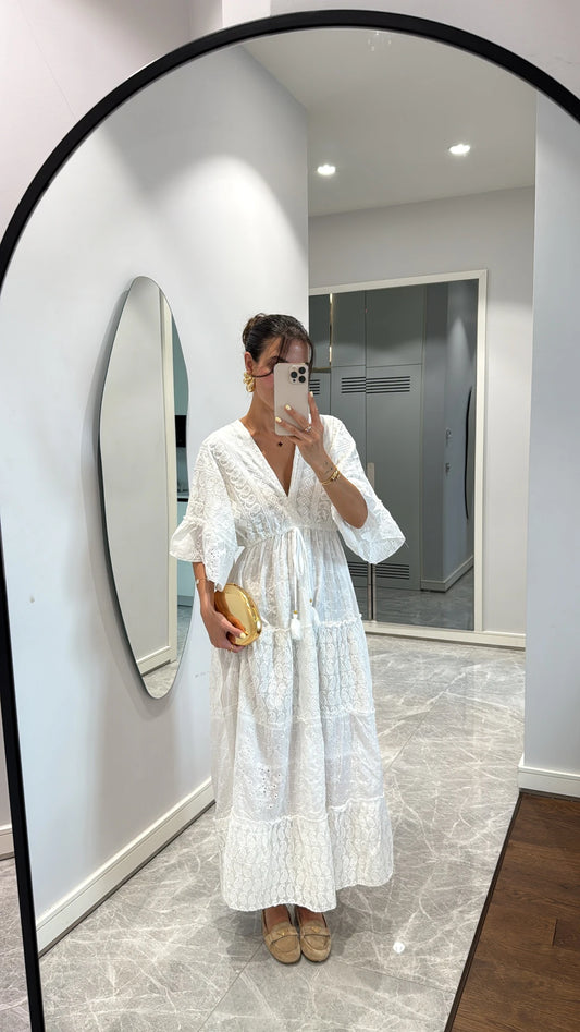 White Embroidered Cut Out Dress With Butterfly Sleeves