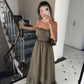 Olive Cotton Straps Dress With Dantel Details & Pockets